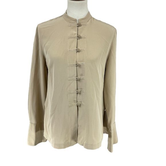 Talbots Women's Tan 100%‎ Silk Toggle Button Up Asian Look Shirt Top Blouse Sz 8 - Picture 9 of 11